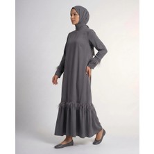 Nevayla Moda Tüy Detaylı Zarif Elbise / Gri - E0133
