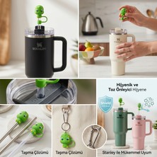 Sevimli Yeşil Dinozor Figürlü Silikon Pipet Başlığı – Toz Önleyici Koruyucu Kapak - Stanley Quencher Uyumlu