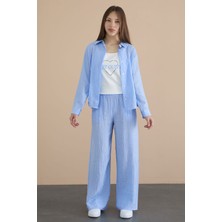 Cansın Mini Mavi Geniş Paça Pantolonlu Gömlekli Kız Çocuk Croplu 3lü Alt Üst Takım 24066