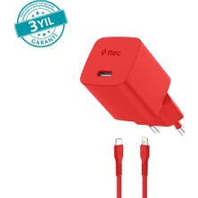 Ttec Smartcharger Gan 20W Pd Seyahat Hızlı Şarj Aleti + Usb-C - Lightning 120CM Kablo Neon Kırmızı