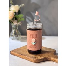 Leylart  Minnoş 350ML Cam Pipetli Bardak | Kapaklı | Süet Kılıflı Soğuk Kahve Smoothie Sunum Bardağı (C)