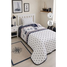Vionel Home %100 Pamuk Kapitone Yatak Örtüsü Tek Kişilik | Gemici Desenli 160X220 cm + 1 Adet Yastık Kılıfı