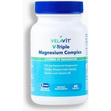 Velavit V-Triple Magnesium Complex - Magnezyum (Sitrat, Malat, Bisglisinat), B6 ve Taurin Içeren Takviye Edici Gıda - 60 Tablet