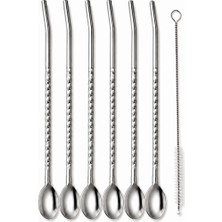 Belirtilmemiş Paslanmaz Çelik Pipet Seti 6’lı + Temizleme Fırçası – Kaşıklı Metal Pipet, Yeniden Kullanılabilir Çevre Dostu Pipet Seti