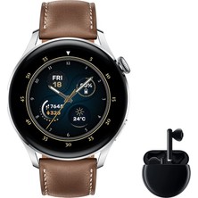 Huawei Watch 3 Classic + Freebuds 3 Siyah - 1,43 Inç Amoled Dokunmatik Ekranlı 4g Akıllı Saat, Cep Telefonu Olmadan Telefon Görüşmeleri Için Esım, 3 Günlük Pil, 7/24, Kahverengi Deri Kayış