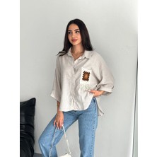 Boom Bester Kadın Oversize Gömlek Cep Nakış Detaylı Geniş Kol Keten Karışımlı Gömlek
