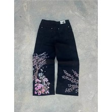 Violon Siyah Night Blossom Nakışlı Wide Leg Jean