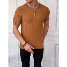 Modefendicom Slim Fit Sıfır Yaka Fermuar Detaylı Triko  Tshırt