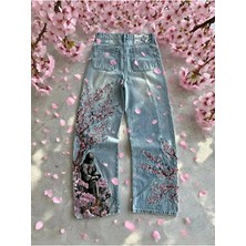 Violon Mavi Night Blossom Nakışlı Wide Leg Jean