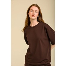 Guaraz Kadın Koyu Kahverengi Oversize Bisiklet Yaka %100 Organik Pamuk Düz Basic Yazlık T-Shirt