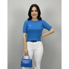 Saç Örgü Polo Nakışlı T-Shirt