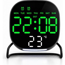 Valkyrie Dijital Yeşil LED Siyah Masa Saati Alarm Beyaz Derece 3 Kademe Işık, USB Destekli Modern Gece Lambalı Saat