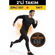 Elilom Erkek Termal Sauna Terletici Takım Fermuarlı Üst ve Bel Lastikli Tayt Siyah 2 Parça Set