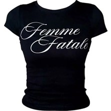 Violon Siyah Femme Fatale Yazılı Slim Fit Kadın Tişört