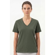 goffra Kadın Vision V Yaka Premium Kalite Yoğun Dokulu Pamuklu T-Shirt Haki W102-R0220-06
