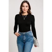 Lux Store Kadın Siyah Uzun Kollu Fit Basic Crop Top Bluz
