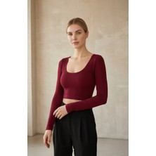Lux Store Kadın Bordo Uzun Kol Kare Yaka Crop Top Bluz
