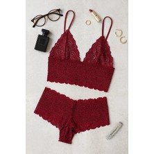 Lux Store Kadın Bordo Dantel Bralet Şort Takımı – Asil ve Sofistike Iç Giyim