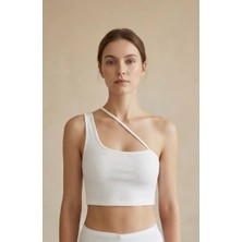 Lux Store Kadın Beyaz Tek Omuzlu Çapraz Askılı Crop Top Büstiyer