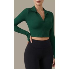 Lux Store Kadın Yeşil Uzun Kol Fermuarlı Parmak Geçme Detaylı Dik Yaka Crop Top Bluz