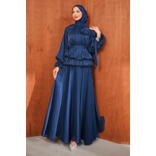 İmaj Butik Lacivert Balon Kol Bel Detaylı Abiye