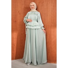 İmaj Butik Su Yeşili Balon Kol Bel Detaylı Abiye