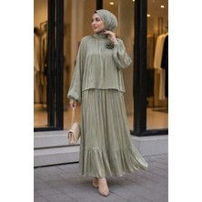 İmaj Butik Mint Yeşili Kol Lastikli Bronş Detaylı Bluz Etekli Takım
