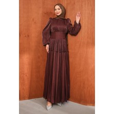 İmaj Butik Kahverengi Bel Büzgülü Katlı Abiye