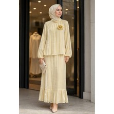 İmaj Butik Sarı Kol Lastikli Bronş Detaylı Bluz Etekli Takım
