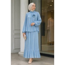 İmaj Butik Bebe Mavi Kol Lastikli Bronş Detaylı Bluz Etekli Takım