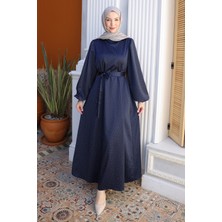 İmaj Butik Lacivert Balon Kol Taşlı Saten Abiye Elbise