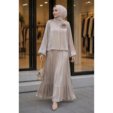 İmaj Butik Bej Kol Lastikli Bronş Detaylı Bluz Etekli Takım