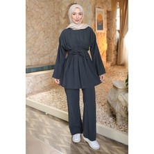 İmaj Butik Antrasit Bel Bağlamalı Tunik Pantolonlu Modal Takım