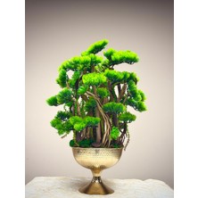 Lüks Dekoratif Yapay Bonsai Çam Ağacı – Altın Sarısı Ayaklı Metal Vazolu