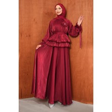İmaj Butik Bordo Balon Kol Bel Detaylı Abiye