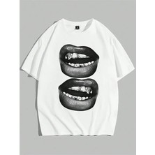 Violon Beyaz Two Lips Baskı Detaylı Oversize Unisex Tişört