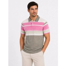 Tarz Yeri Erkek Flamlı Penye Çizgili Polo Yaka Tişört Kısa Kol Yazlık T-Shirt - Gri