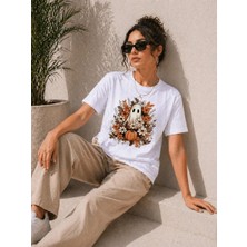Tarz Yeri Kadın Balkabağı Hayalet Baskılı Tişört Kısa Kol Yazlık T-Shirt - Beyaz