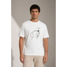 Tarz Yeri Erkek Köpek Figürlü Minimal Baskılı Tişört Kısa Kol Yazlık T-Shirt - Beyaz