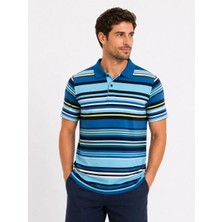 Tarz Yeri Erkek Çizgili Polo Yaka Tişört Kısa Kol Yazlık T-Shirt Regular Fit - Mavi