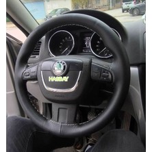 Hasbay Dikişli Direksiyon Kılıfı Siyah Deri Gri Dikişli Skoda Octavia Suoer  B Icin