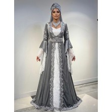 Atölye Kaftan Butik Gri Kadife Kaftan Bindallı