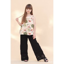 DobaKids Kız Çocuk Siyah Ajurlu Wide Leg Bol Paça Pantolon Çiçekli Krinkıl Askılı Tunik Takım