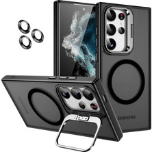 Pearl Shop Samsung Için Kılıf Kamera Korumalı Magsafe Wireless Şarj Özellikli Mat Şeffaf Renkli Standlı Kılıf (Lens Hediyeli) (Siyah, S23 Ultra)