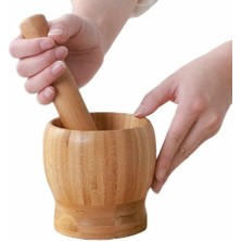 Pearl Shop Bambu Havan ve Tokmak Seti, Büyük Boy Mutfak Havanı, Baharat ve Sarımsak Öğütücü ve Döveceği