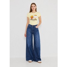 Akabi Online Kadın Slim Fit Baskılı Elestanlı Kısa Kol Sarı Tişört