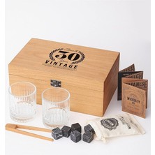 Pearl Shop 30 Yaş Tasarımlı Ahşap Kutulu 2'li Glasgow Viski Kadeh Seti + 6 Soğutucu Taş