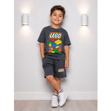 Bubiee Baby Erkek Çocuk Logo Baskılı Pamuklu Füme Yazlık Tişört ve Şort Alt Üst Takım