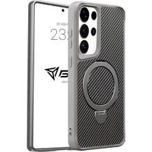 Pearl Shop Samsung Karbon Fiber Materyal Stand Özellikli Lens Çerçeveli ve Sararmayan Güçlü Darbe Emici Premium Kılıf (Gümüş Rengi, Galaxy S25 Ultra)