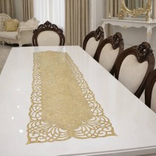 Simli Altın Renk Lazer Kesim Runner – Modern Desenli Şık Masa Örtüsü | Salon & Sehpa Dekoru 100 x 33